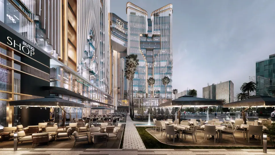Rendering of a plaza with a tall tower
